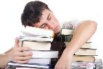 overworked student asleep on top of a pile of homework books